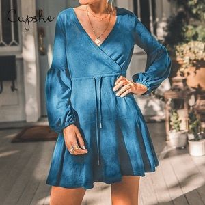 🔥Cupshe Teal Puff Sleeve drawstring bodycon Dress